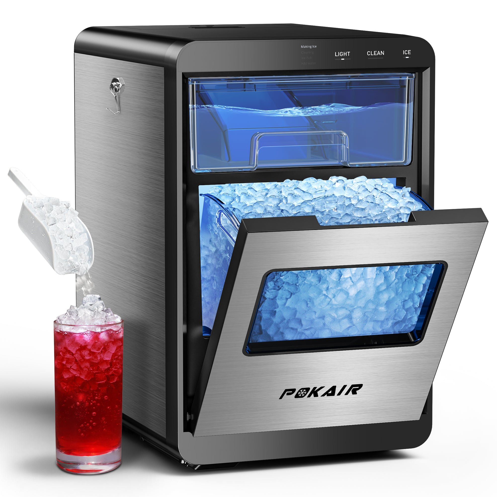 POKAIR Ice Maker, Nugget Ice Maker Portable Countertop 44lbs/Day, One-Touch Instant Ice & Self-Cleaning, Pebble Ice Machine for Home Office RV, Stainless Steel
