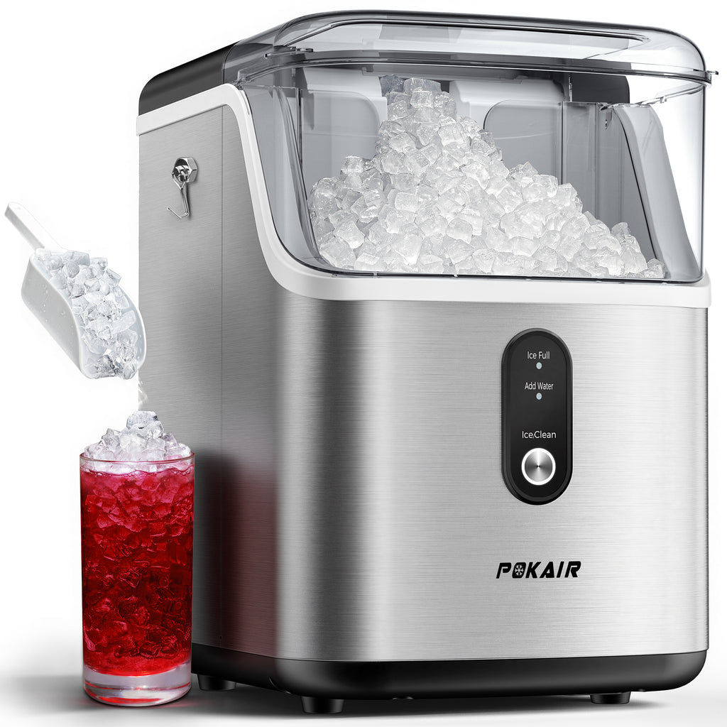 POKAIR Nugget Ice Maker Countertop, 33lbs/Day, Soft Chewable Pebble Ice in 9 Minutes, One-Click Self-Cleaning, Stainless Steel