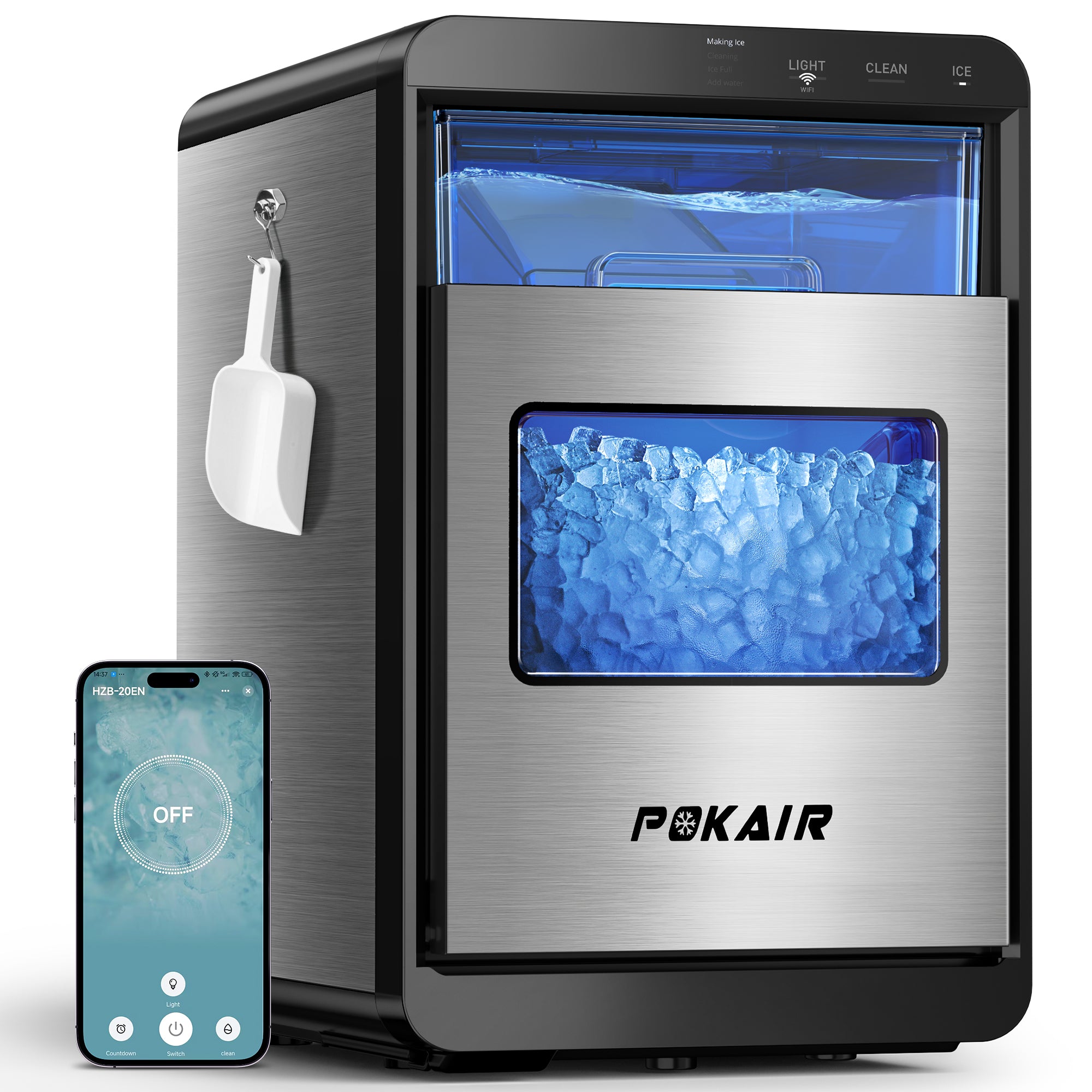POKAIR Smart Nugget Ice Maker Countertop, Wi-Fi App Controlled Portable Ice Maker 44lbs/Day, Soft Chewable Pebble Ice in 9 Minutes