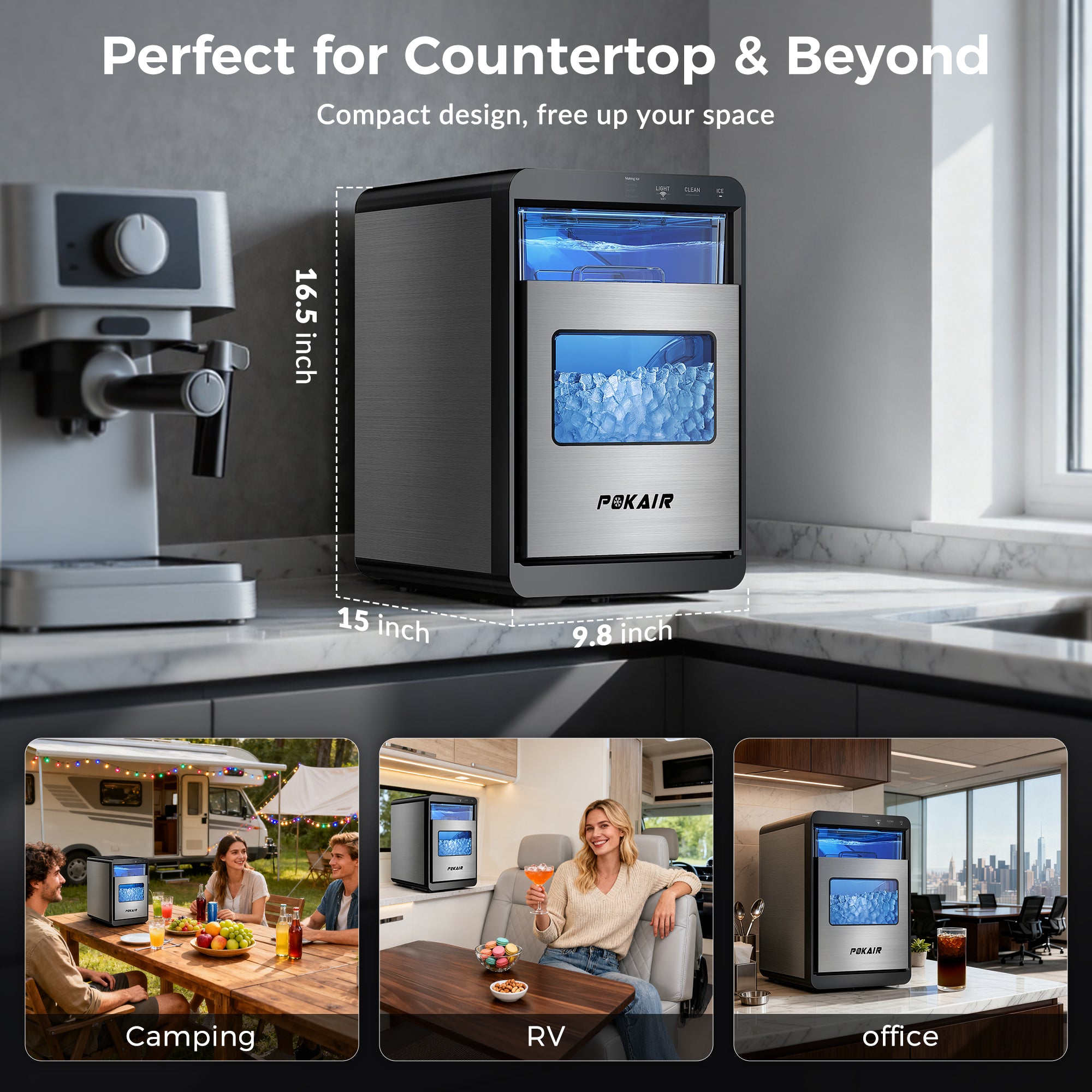 POKAIR Smart Nugget Ice Maker Countertop, Wi-Fi App Controlled Portable Ice Maker 44lbs/Day, Soft Chewable Pebble Ice in 9 Minutes