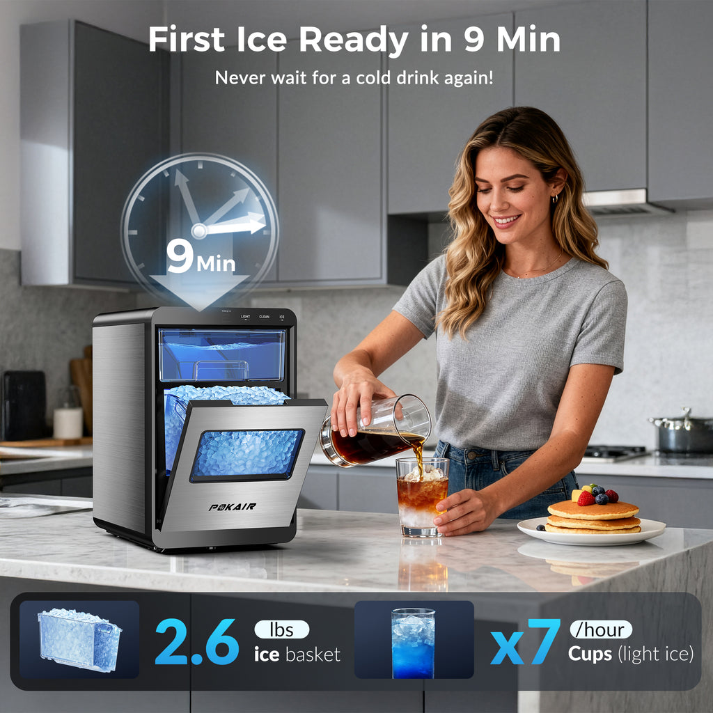 POKAIR Ice Maker, Nugget Ice Maker Portable Countertop 44lbs/Day, One-Touch Instant Ice & Self-Cleaning, Pebble Ice Machine for Home Office RV, Stainless Steel