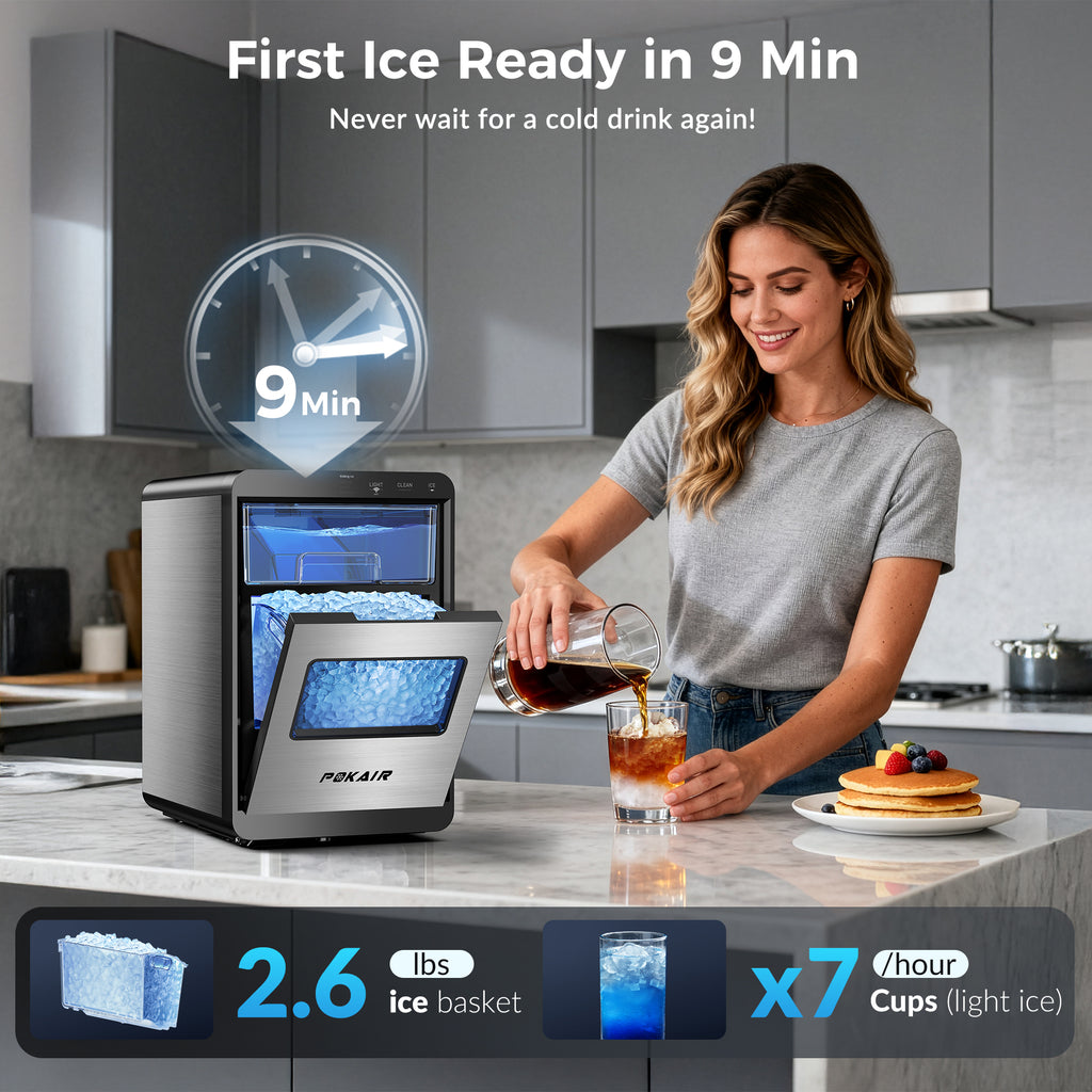 POKAIR Smart Nugget Ice Maker Countertop, Wi-Fi App Controlled Portable Ice Maker 44lbs/Day, Soft Chewable Pebble Ice in 9 Minutes