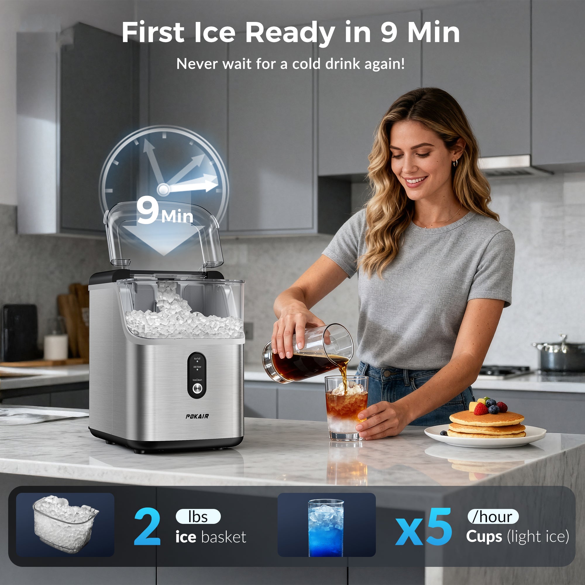 POKAIR Nugget Ice Maker Countertop, 33lbs/Day, Soft Chewable Pebble Ice in 9 Minutes, One-Click Self-Cleaning, Stainless Steel