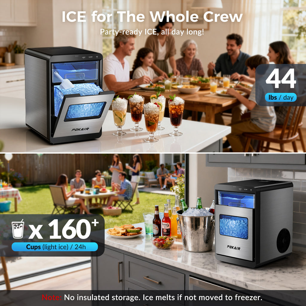 POKAIR Ice Maker, Nugget Ice Maker Portable Countertop 44lbs/Day, One-Touch Instant Ice & Self-Cleaning, Pebble Ice Machine for Home Office RV, Stainless Steel