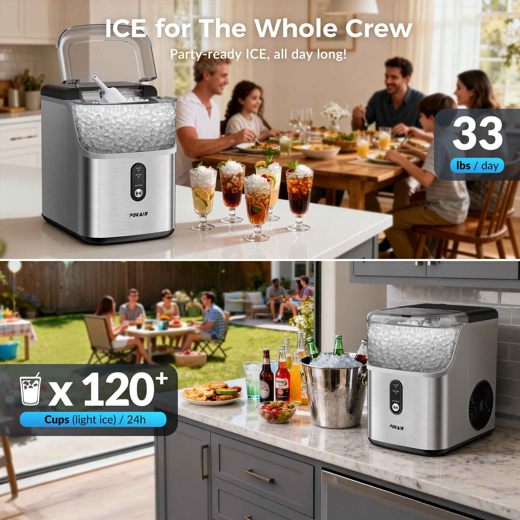 POKAIR Nugget Ice Maker Countertop, 33lbs/Day, Soft Chewable Pebble Ice in 9 Minutes, One-Click Self-Cleaning, Stainless Steel