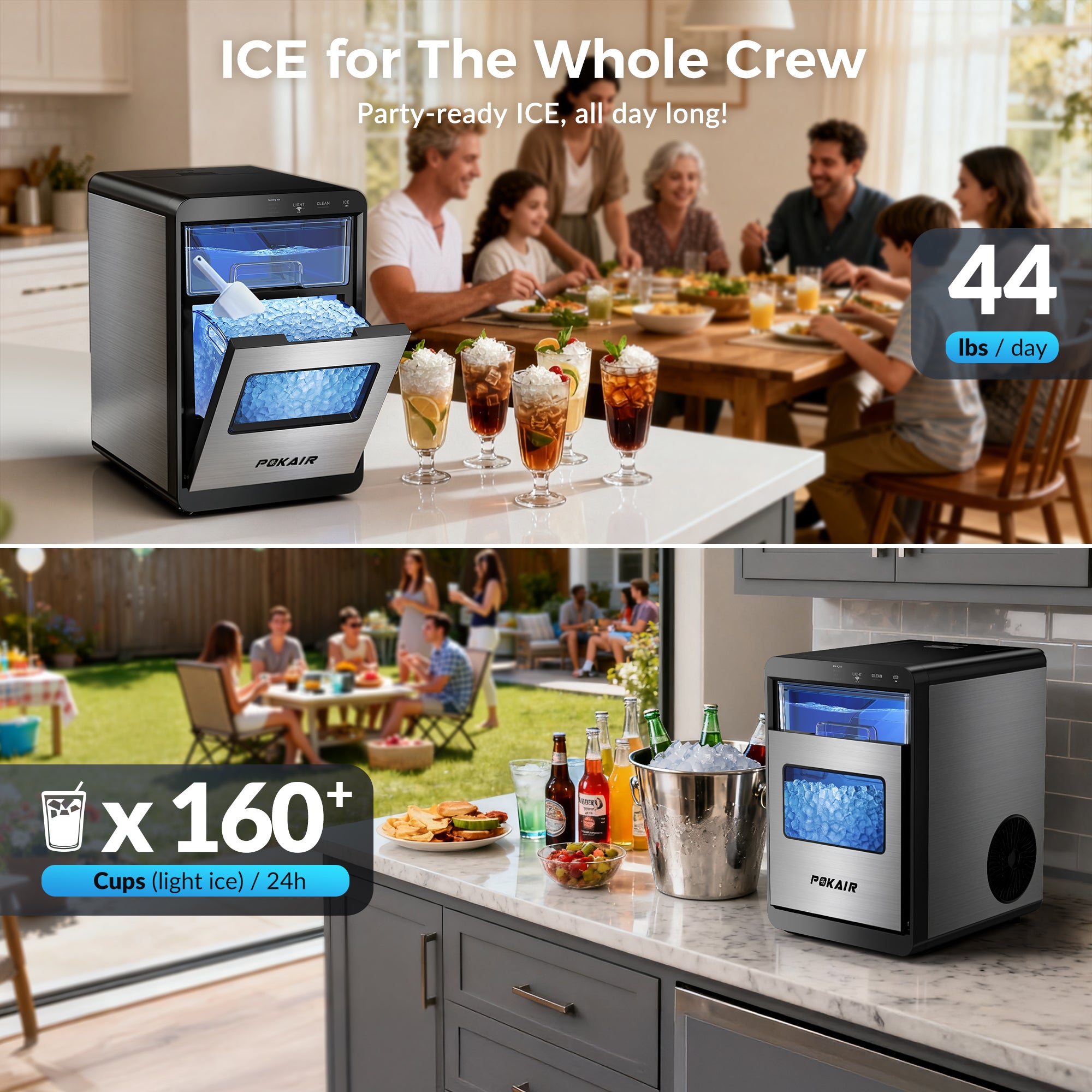 POKAIR Smart Nugget Ice Maker Countertop, Wi-Fi App Controlled Portable Ice Maker 44lbs/Day, Soft Chewable Pebble Ice in 9 Minutes