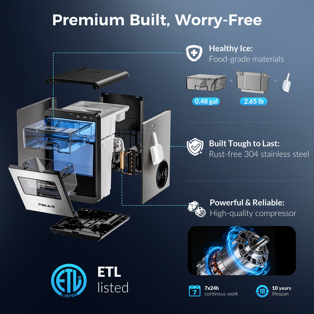 POKAIR Ice Maker, Nugget Ice Maker Portable Countertop 44lbs/Day, One-Touch Instant Ice & Self-Cleaning, Pebble Ice Machine for Home Office RV, Stainless Steel