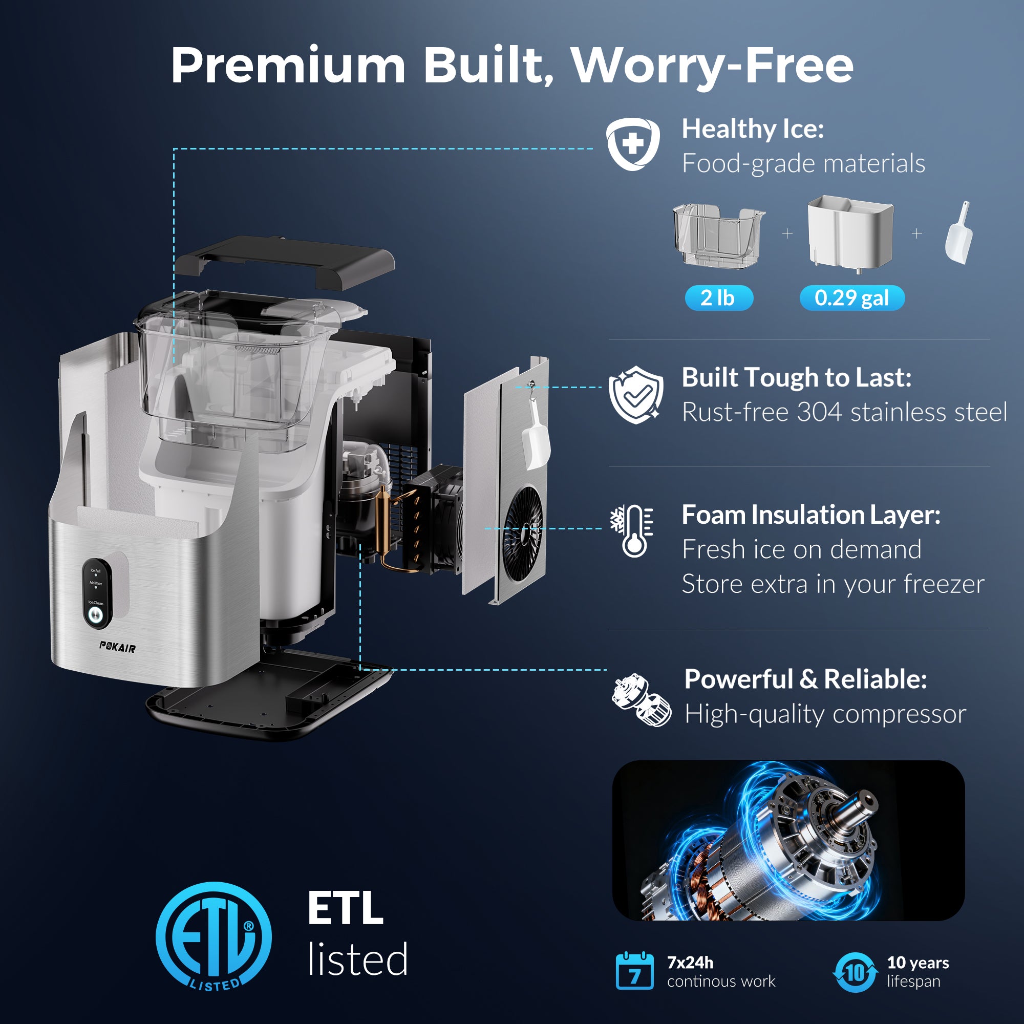 POKAIR Nugget Ice Maker Countertop, 33lbs/Day, Soft Chewable Pebble Ice in 9 Minutes, One-Click Self-Cleaning, Stainless Steel