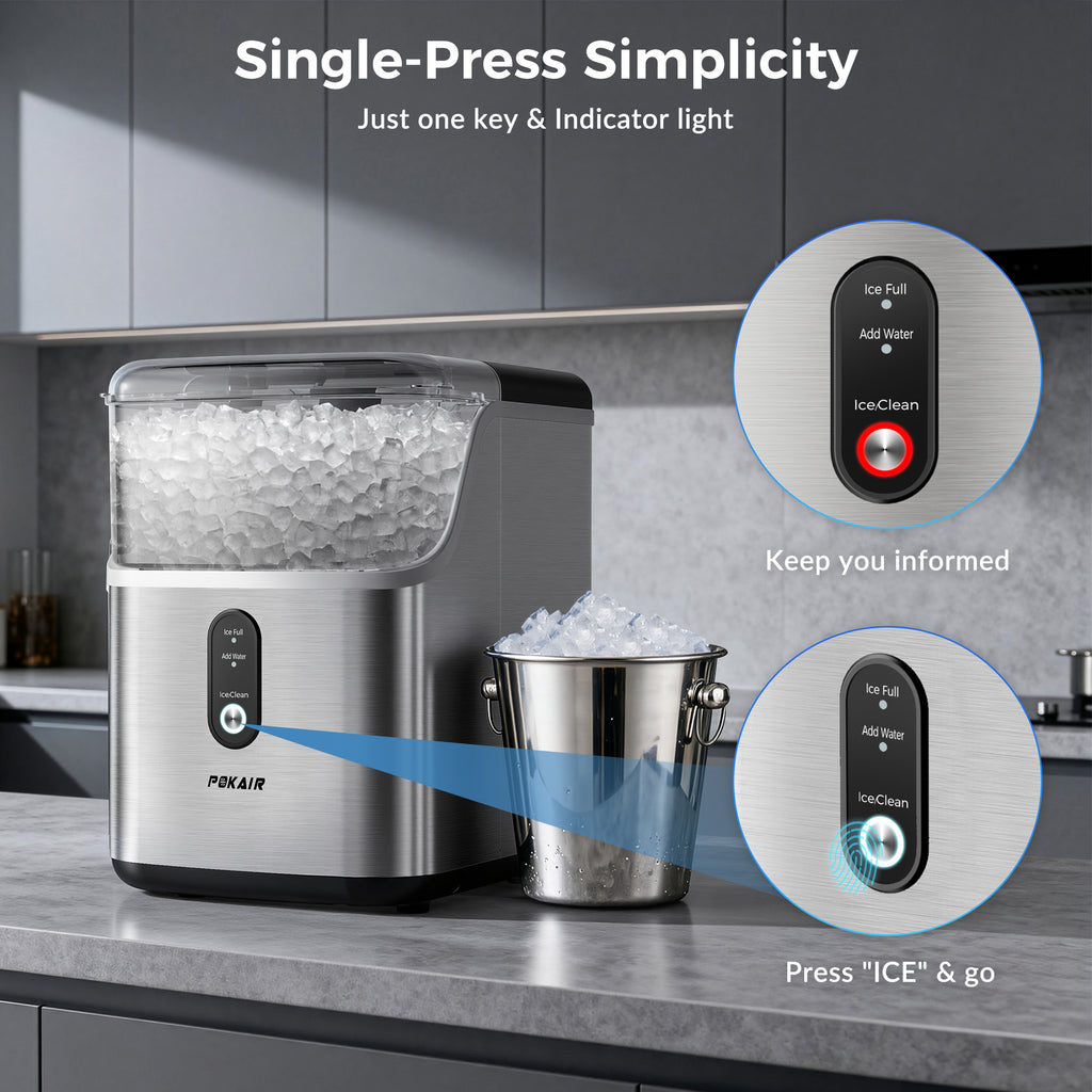 POKAIR Nugget Ice Maker Countertop, 33lbs/Day, Soft Chewable Pebble Ice in 9 Minutes, One-Click Self-Cleaning, Stainless Steel