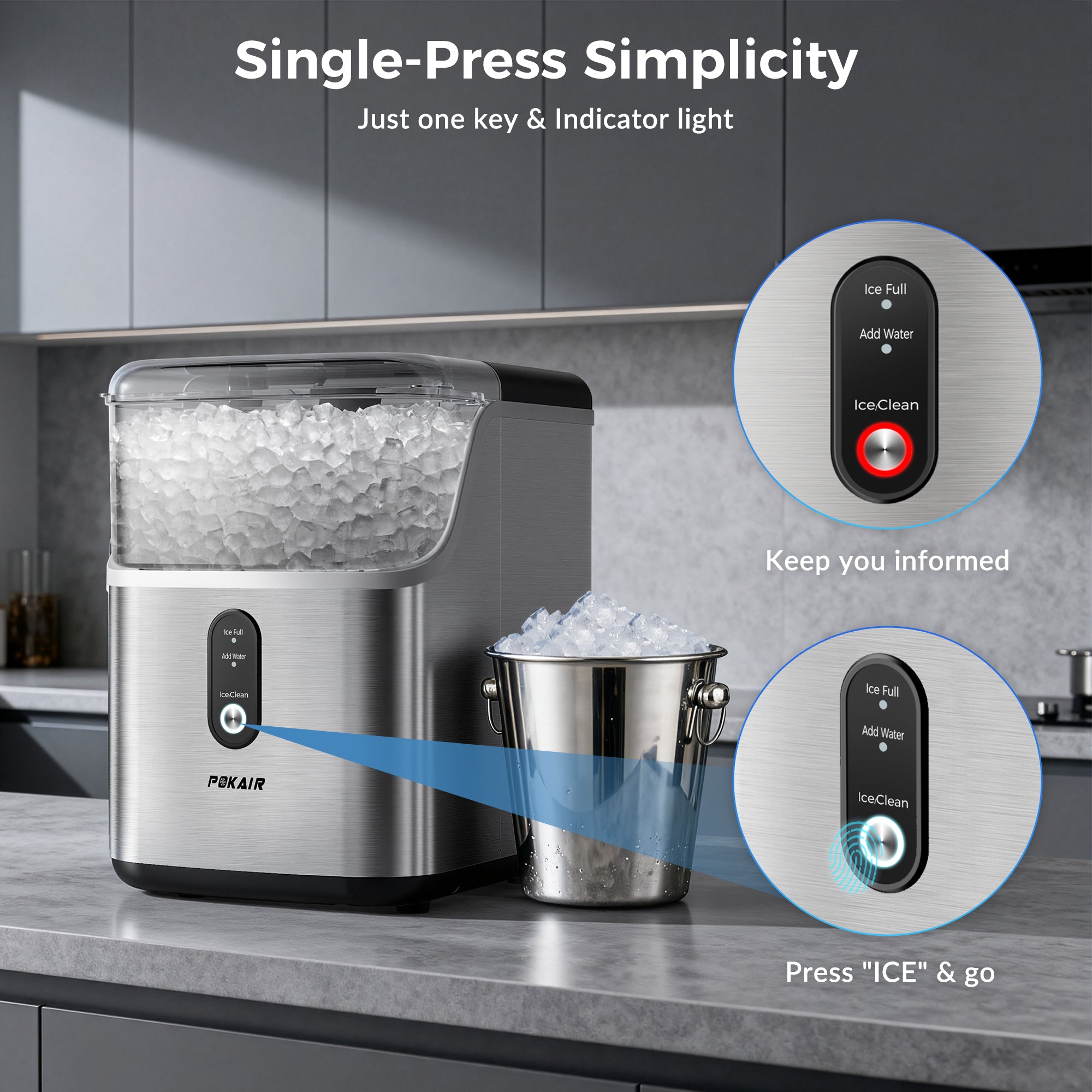 POKAIR Nugget Ice Maker Countertop, 33lbs/Day, Soft Chewable Pebble Ice in 9 Minutes, One-Click Self-Cleaning, Stainless Steel