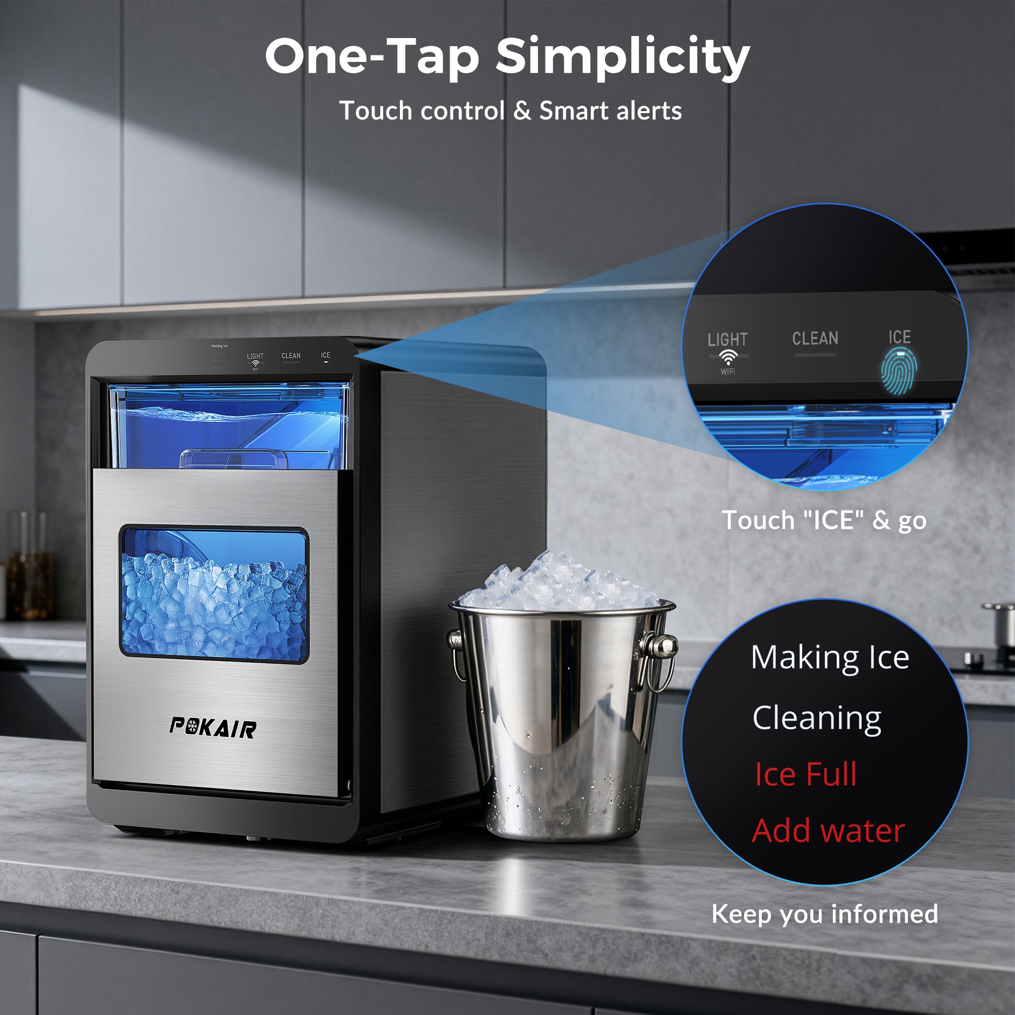 POKAIR Smart Nugget Ice Maker Countertop, Wi-Fi App Controlled Portable Ice Maker 44lbs/Day, Soft Chewable Pebble Ice in 9 Minutes