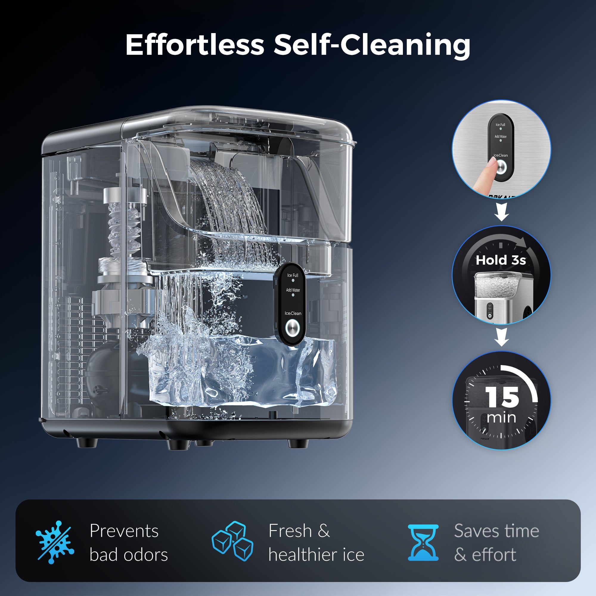 POKAIR Nugget Ice Maker Countertop, 33lbs/Day, Soft Chewable Pebble Ice in 9 Minutes, One-Click Self-Cleaning, Stainless Steel