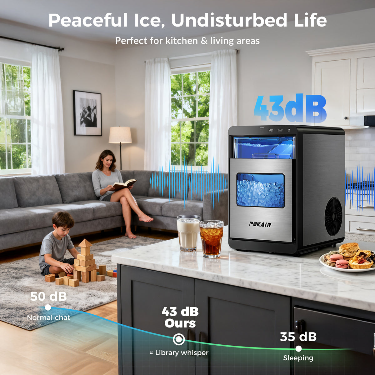 POKAIR Countertop Nugget Ice Maker for Fresh Chewable Ice, 44 lbs/Day Pebble Ice Machine, 9-Min Ice, Self-Cleaning, ETL, Brushed Stainless Steel