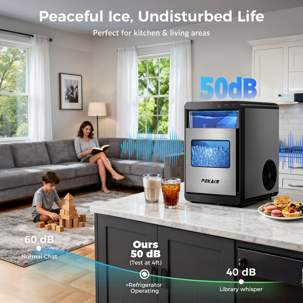 POKAIR Smart Nugget Ice Maker Countertop, Wi-Fi App Controlled Portable Ice Maker 44lbs/Day, Soft Chewable Pebble Ice in 9 Minutes