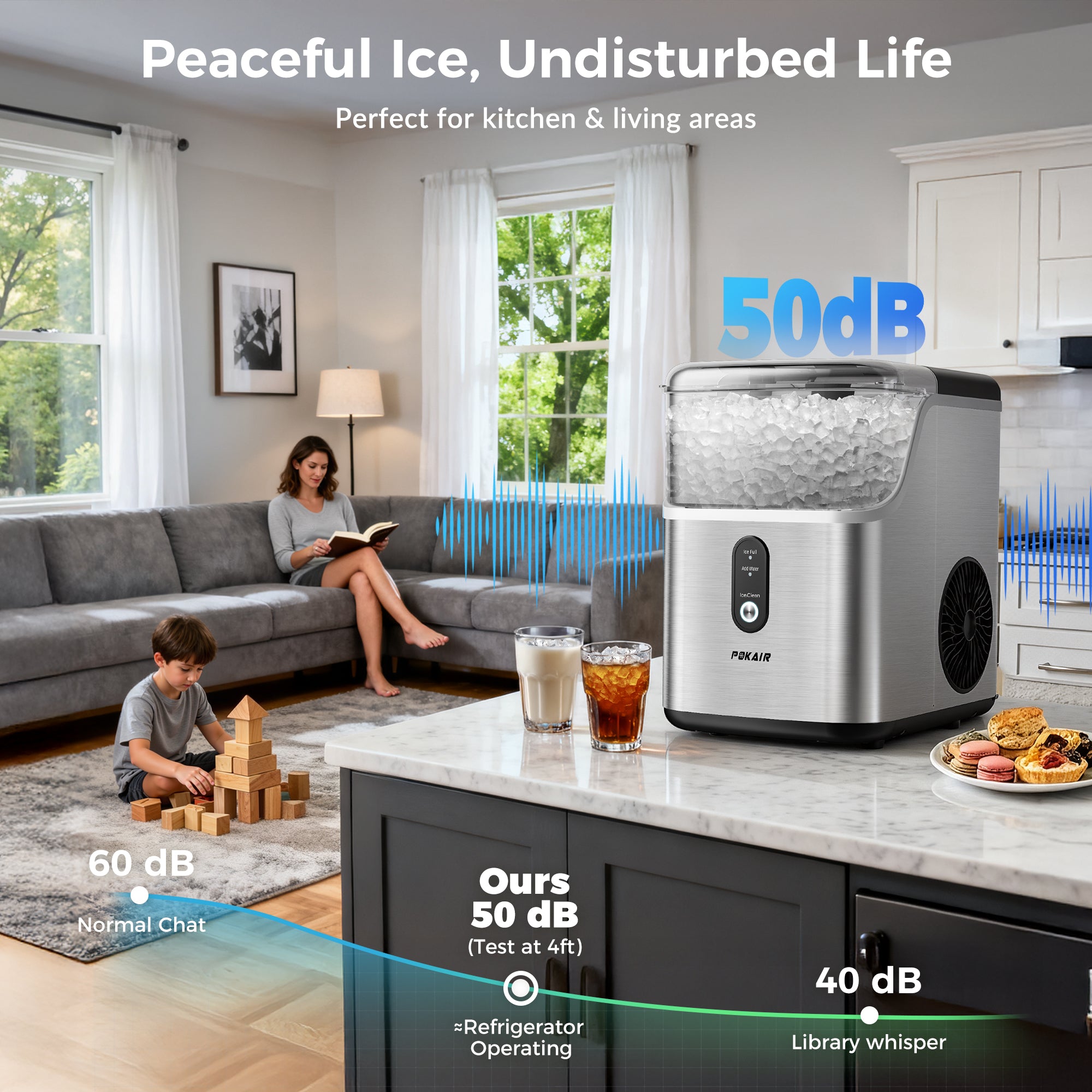 POKAIR Nugget Ice Maker Countertop, 33lbs/Day, Soft Chewable Pebble Ice in 9 Minutes, One-Click Self-Cleaning, Stainless Steel