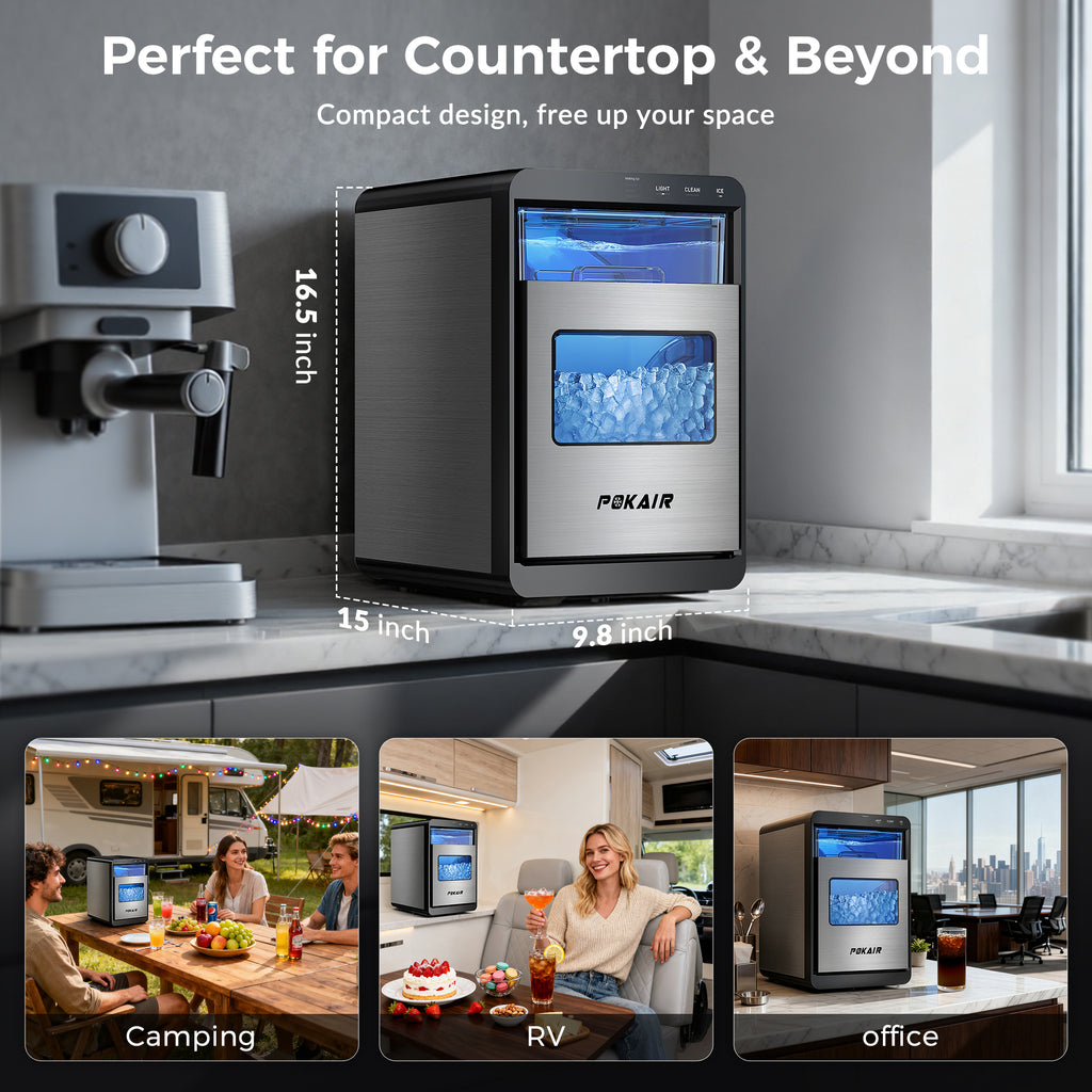 POKAIR Ice Maker, Nugget Ice Maker Portable Countertop 44lbs/Day, One-Touch Instant Ice & Self-Cleaning, Pebble Ice Machine for Home Office RV, Stainless Steel
