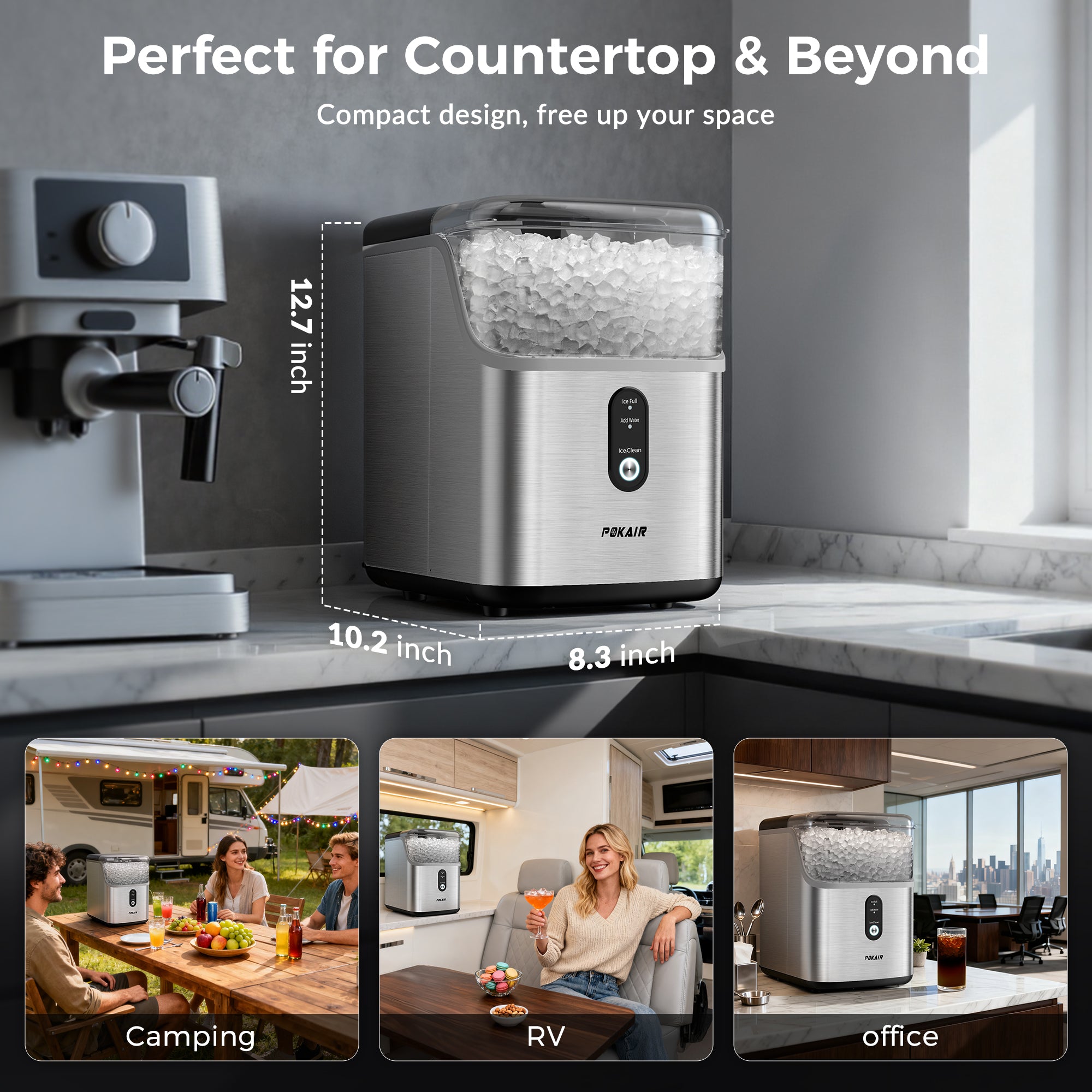 POKAIR Nugget Ice Maker Countertop, 33lbs/Day, Soft Chewable Pebble Ice in 9 Minutes, One-Click Self-Cleaning, Stainless Steel