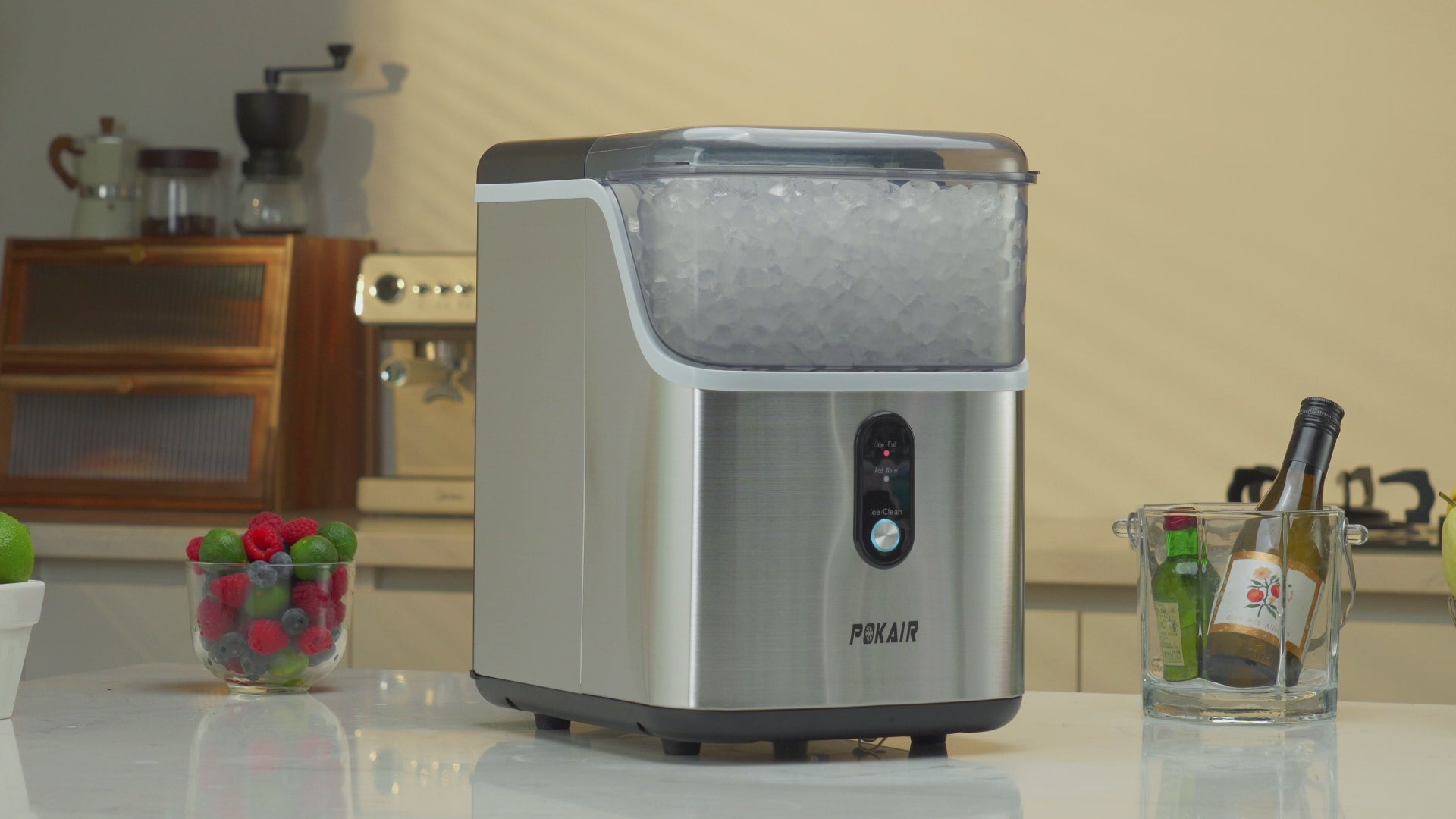 POKAIR Nugget Ice Maker Countertop, 33lbs/Day, Soft Chewable Pebble Ice in 9 Minutes, One-Click Self-Cleaning, Stainless Steel